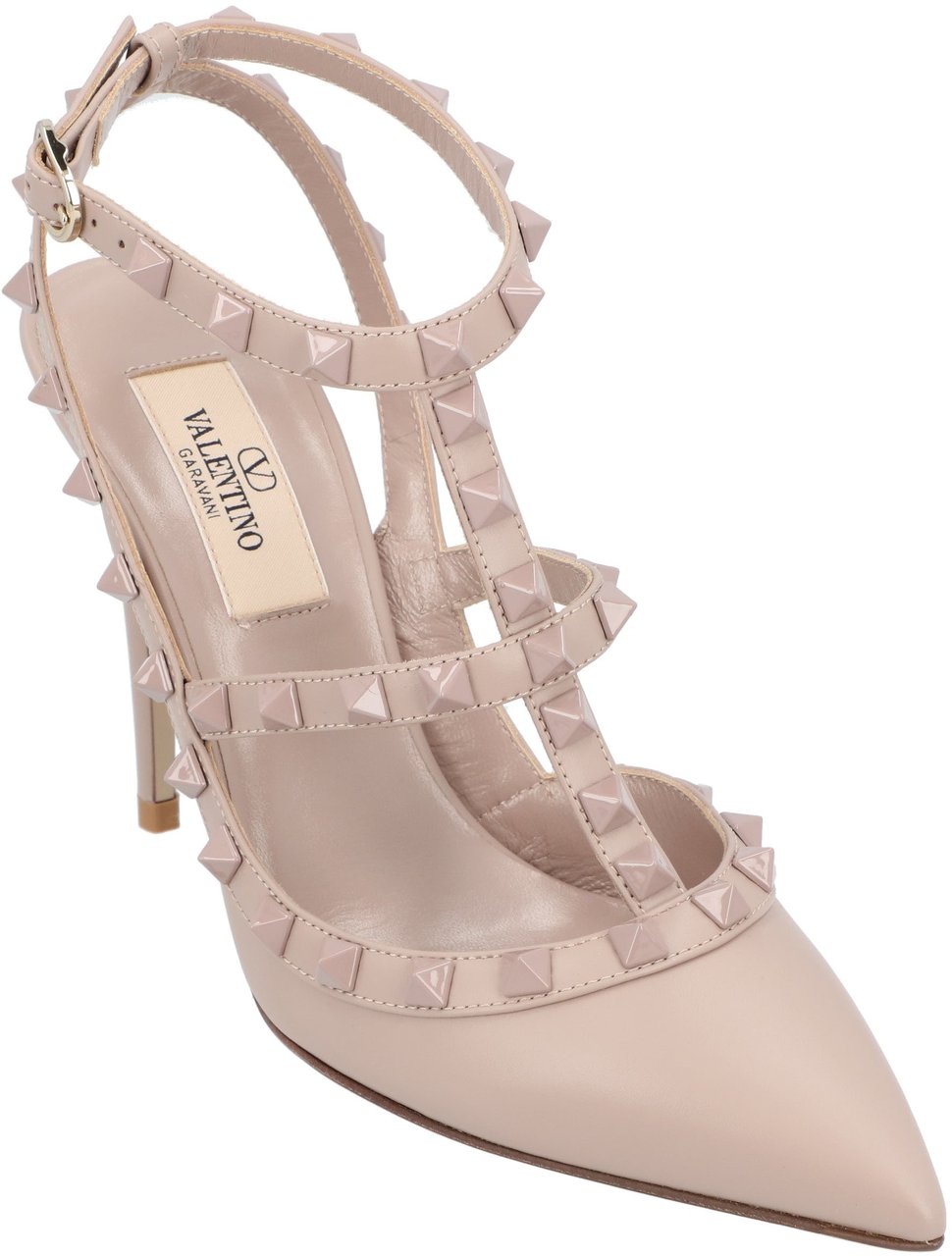 Valentino Pointed Toe Rockstud Pumps With Adjustable Ankle Strap Neutraal