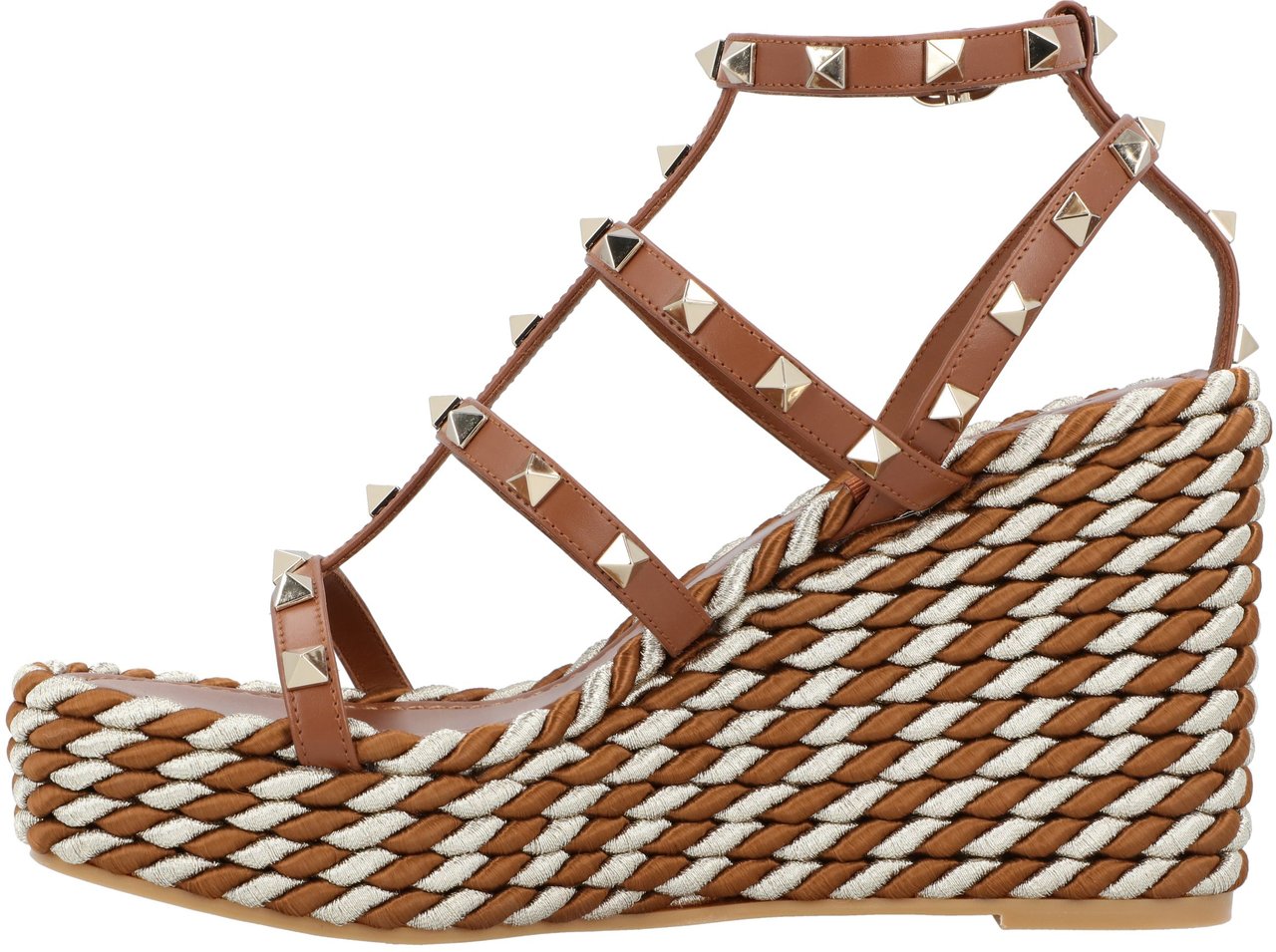 Valentino Rockstud Calfskin Wedges With Straps Bruin