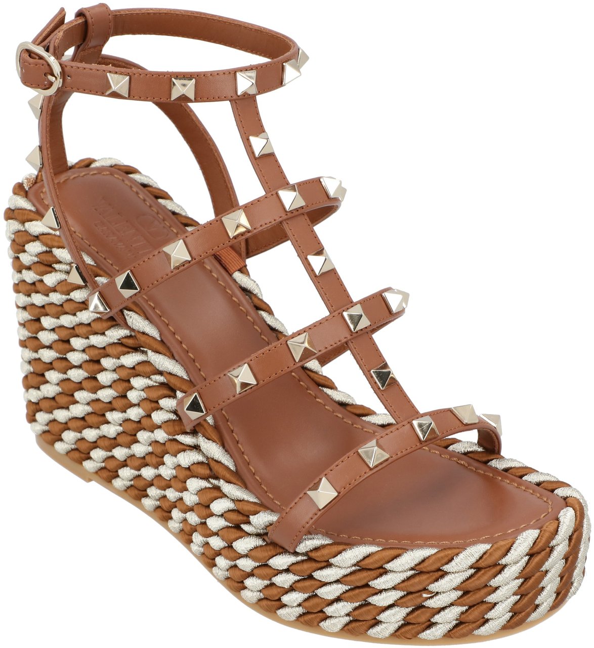 Valentino Rockstud Calfskin Wedges With Straps Bruin