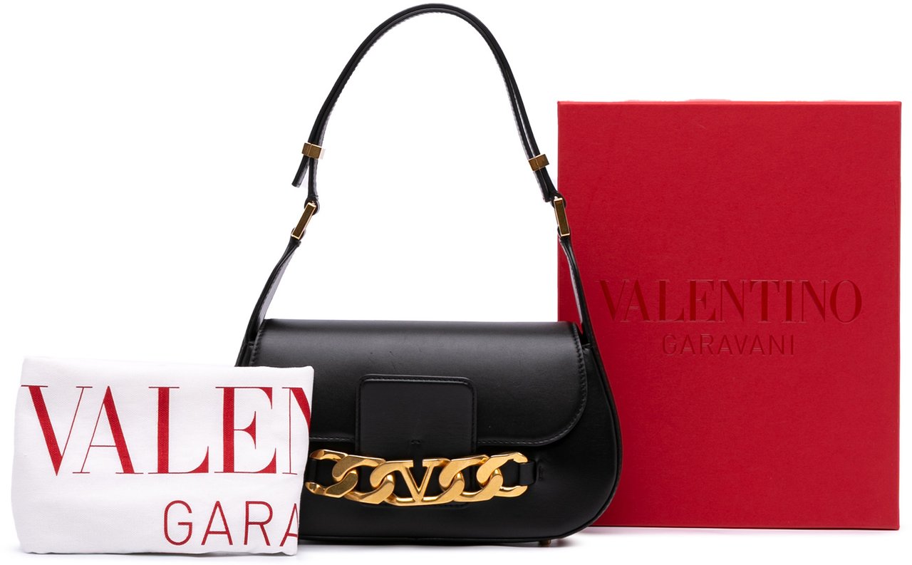Valentino Medium Leather Vlogo Chain Shoulder Bag Zwart
