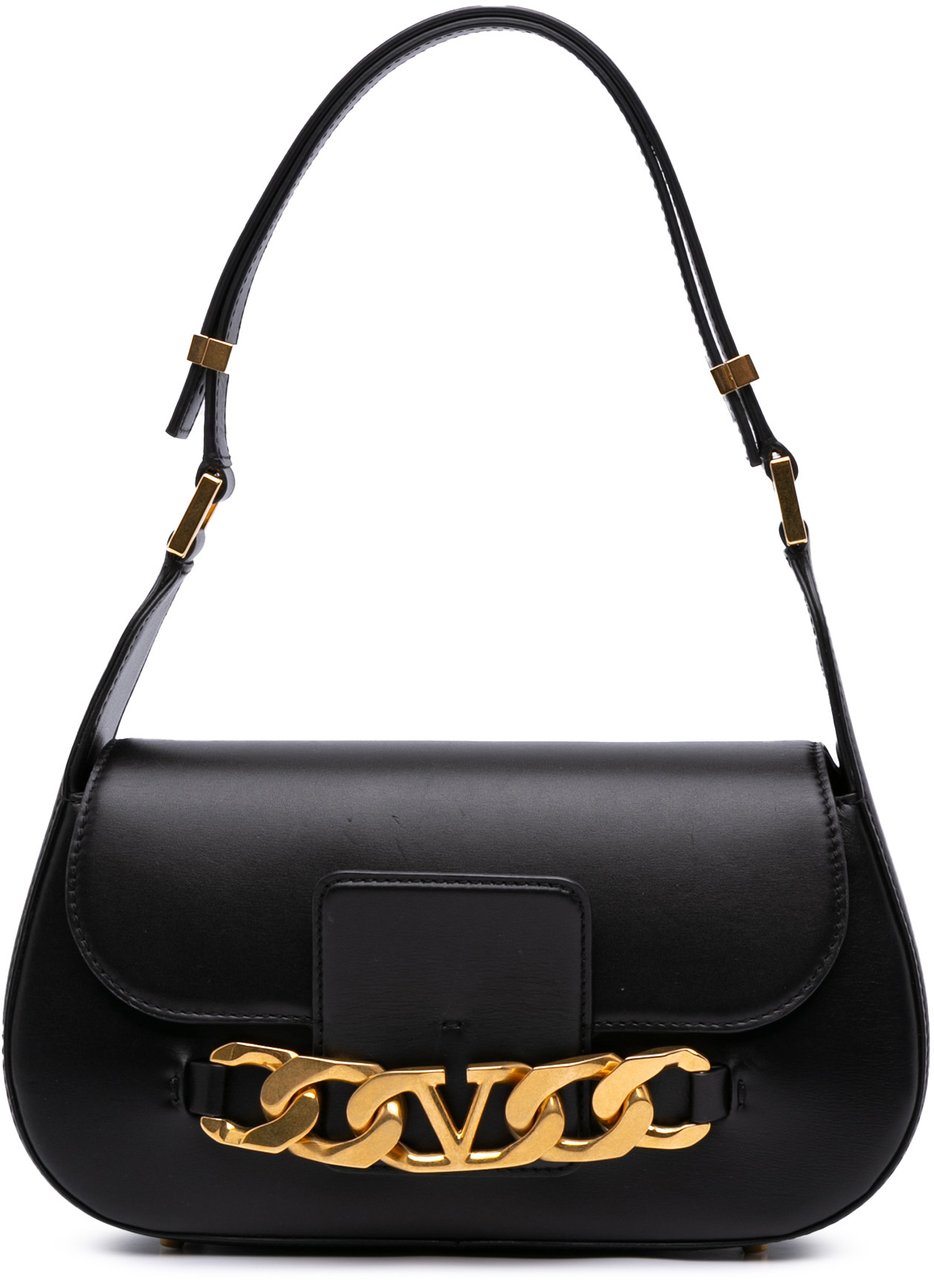 Valentino Medium Leather Vlogo Chain Shoulder Bag Zwart