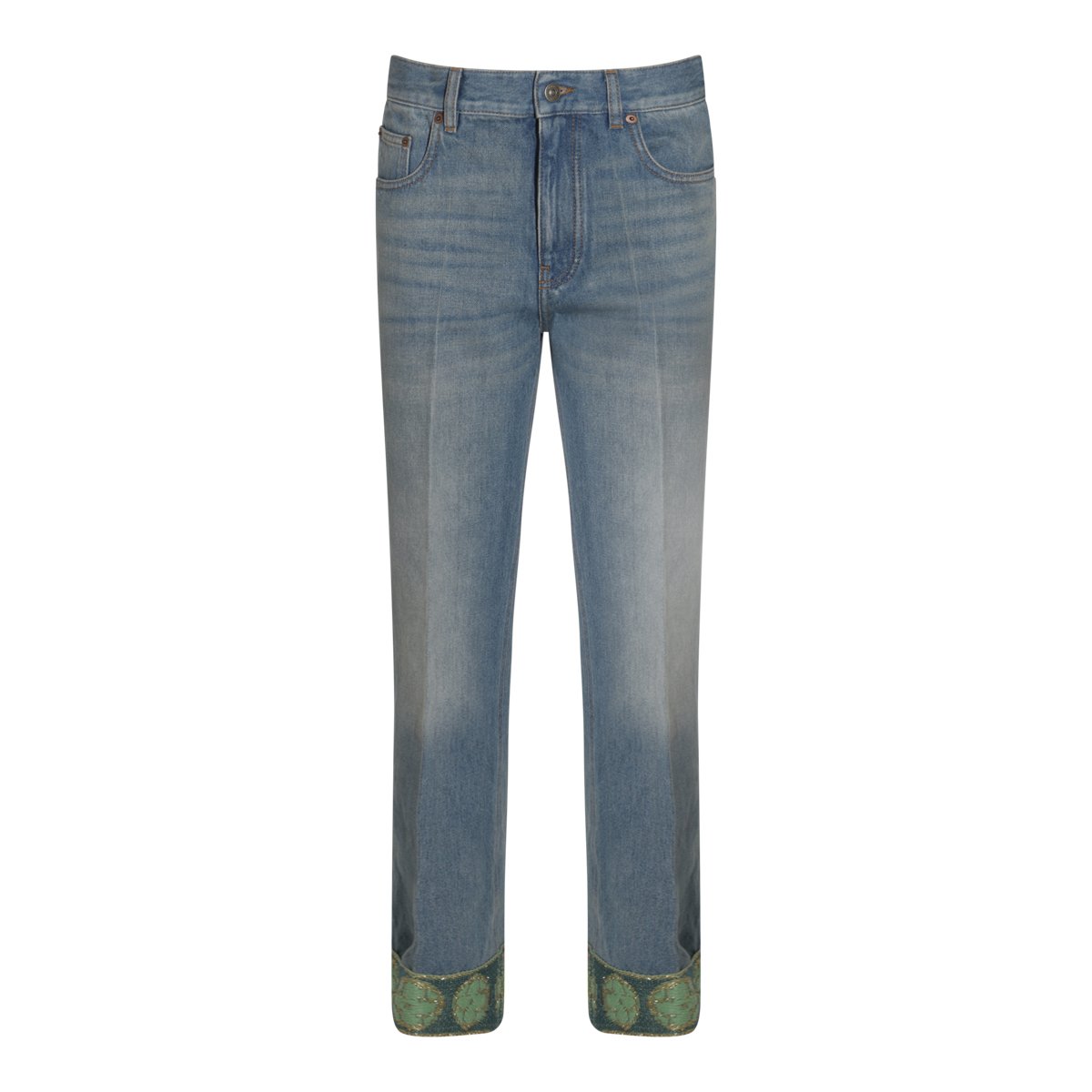 Valentino Faded Grey Cotton Denim Jeans with Embroidered Cuffs Grijs