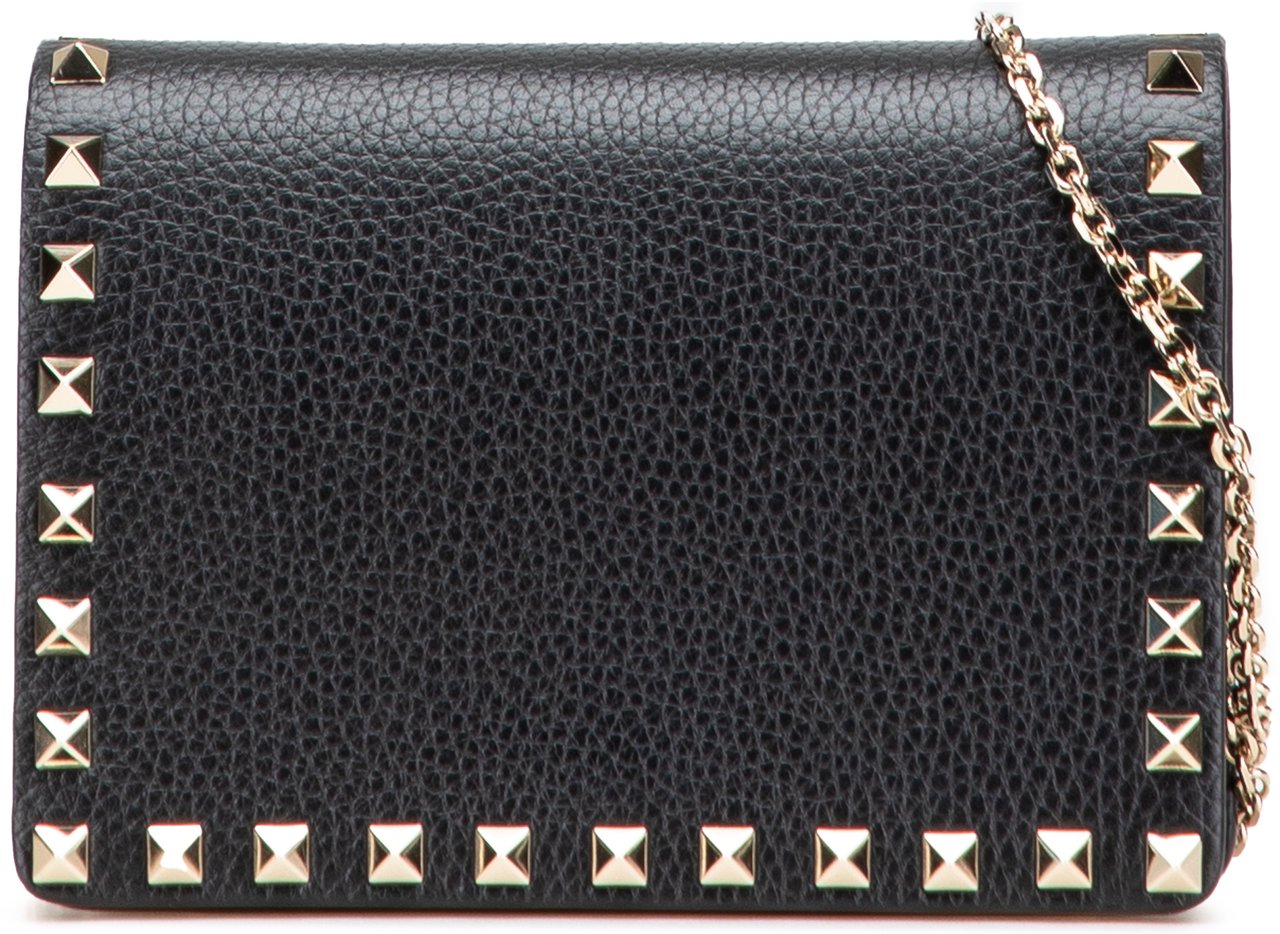 Valentino Pebbled Calfskin Rockstud Chain Wallet Zwart