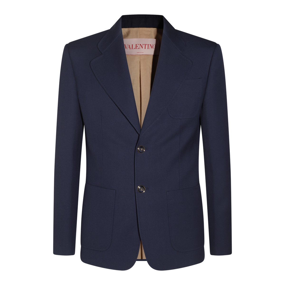 Valentino Tailored Blue Wool Blazer With Notch Lapel And Branded Buttons Zwart