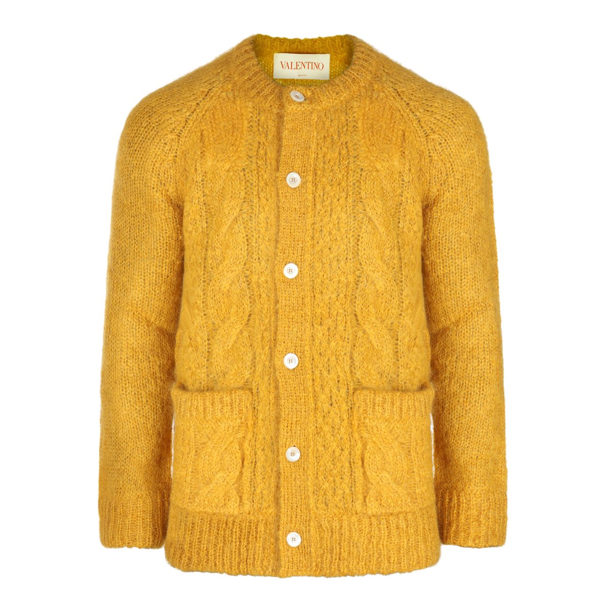 Valentino Yellow Wool Blend Knit Sweater With Textured Cable Knit Design Goud