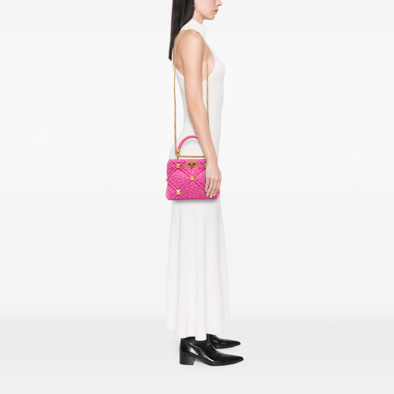 Valentino Small Woven Wool Roman Stud The Handle Bag Roze