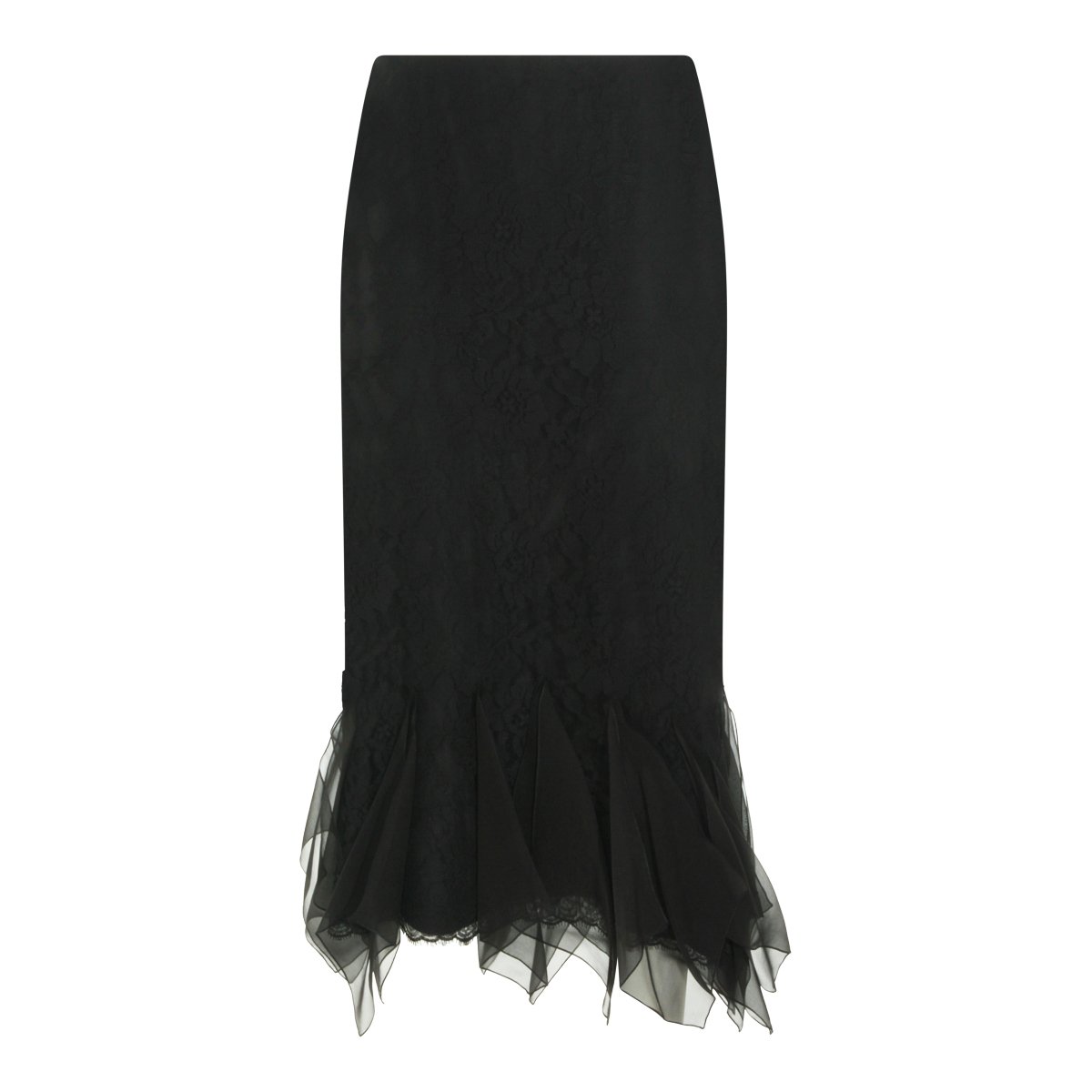 Valentino Black Silk Lace Details Midi Skirt Zwart