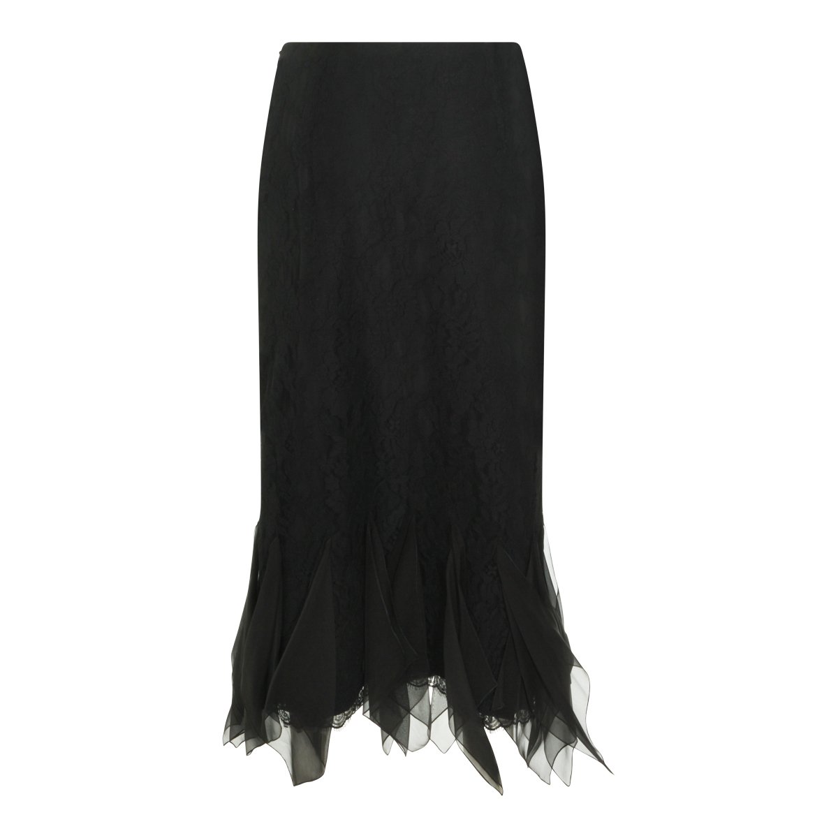 Valentino Black Silk Lace Details Midi Skirt Zwart