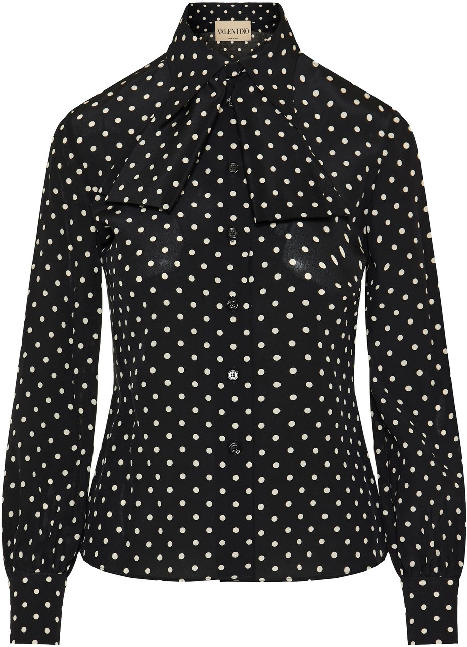 Valentino Black Polka Dot Silk Bow Shirt Zwart
