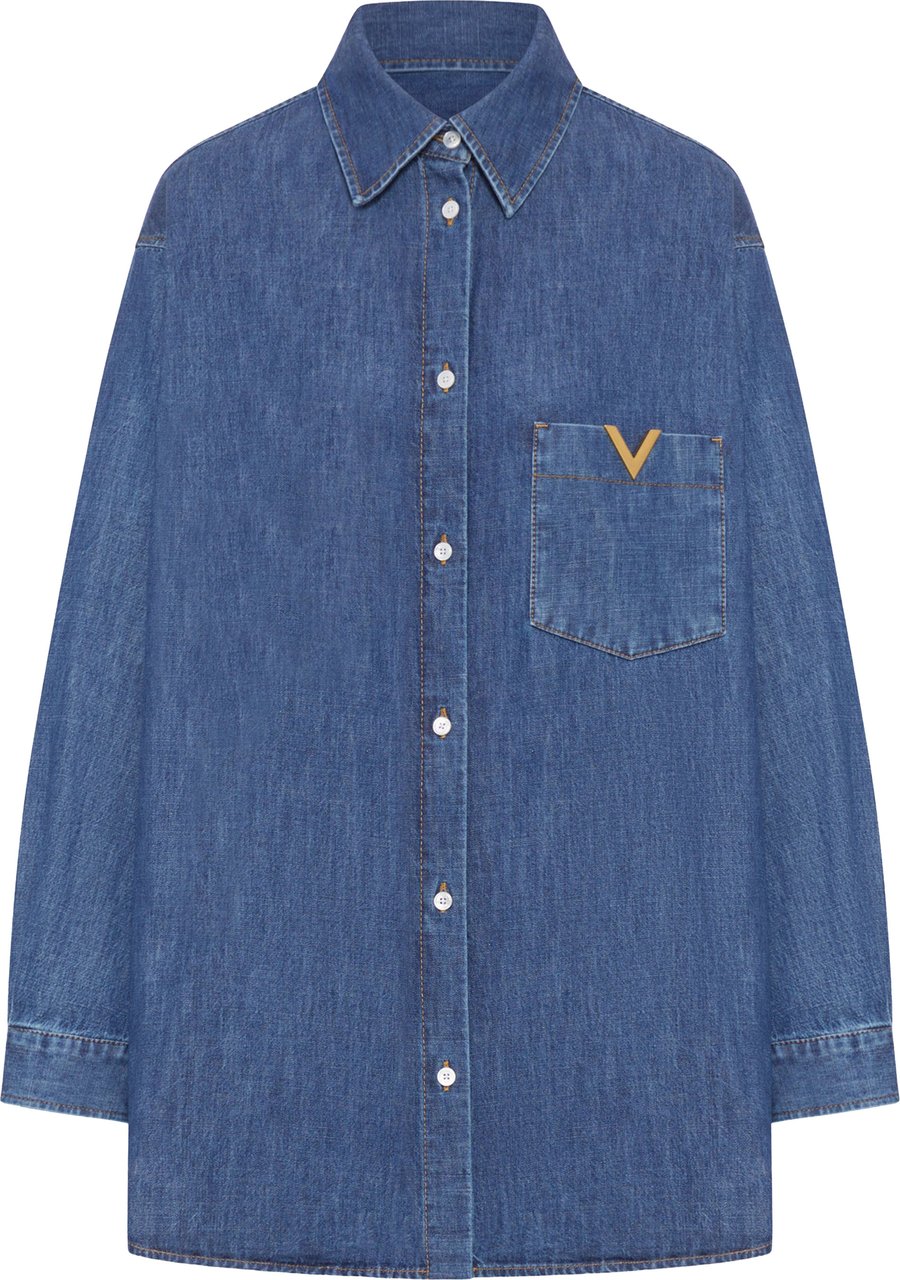 Valentino Blue Pointed Collar V-Detail Denim Shirt Blauw