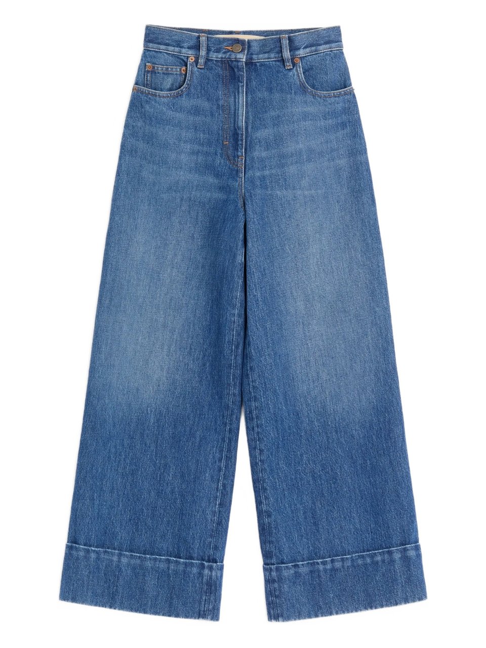 Valentino Medium Blue Wide-Leg Cuffed Denim Jeans Blauw
