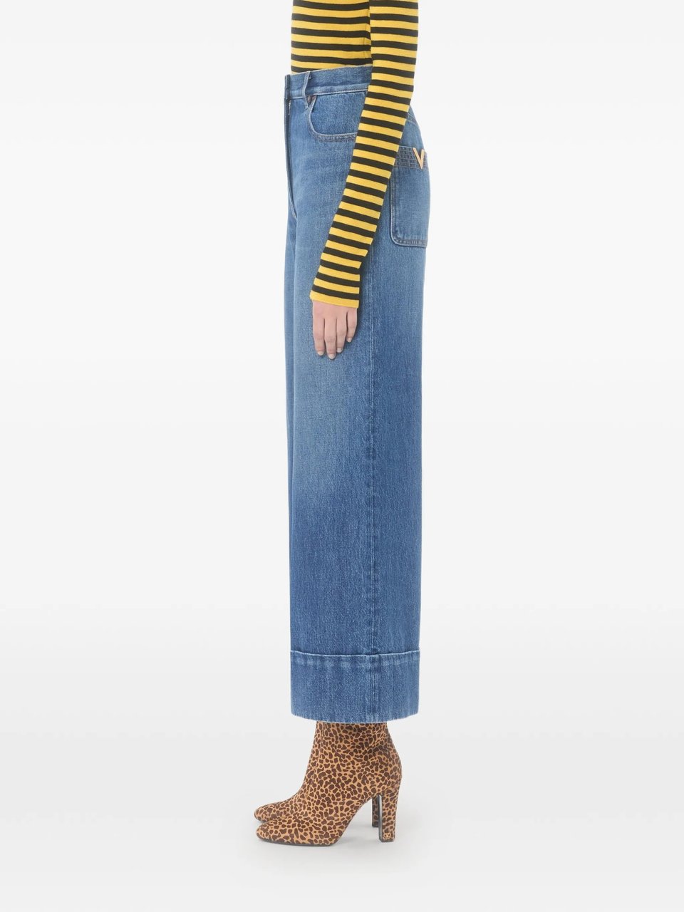 Valentino Medium Blue Wide-Leg Cuffed Denim Jeans Blauw