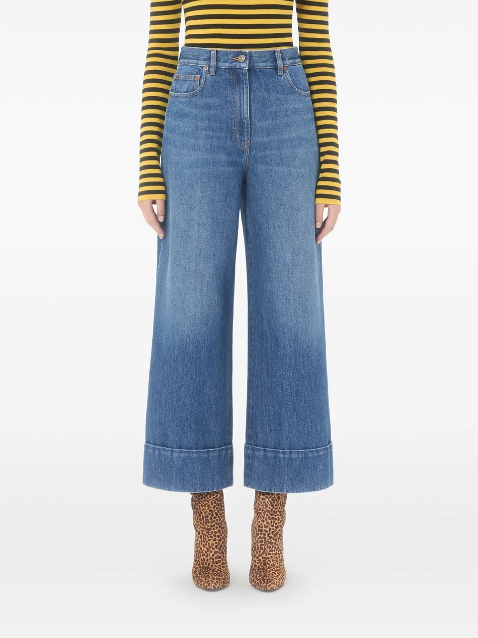 Valentino Medium Blue Wide-Leg Cuffed Denim Jeans Blauw