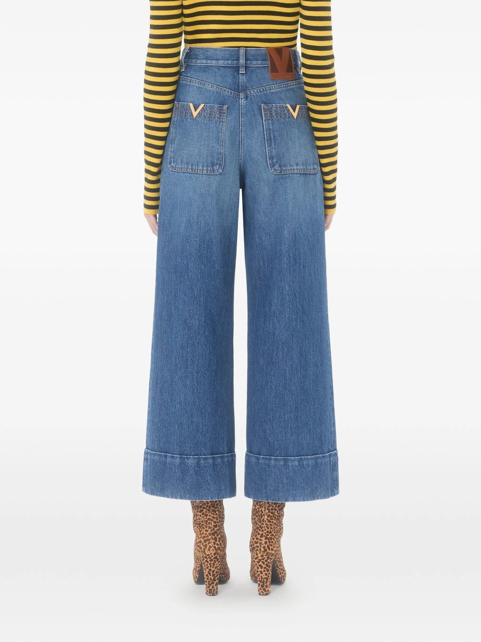 Valentino Medium Blue Wide-Leg Cuffed Denim Jeans Blauw