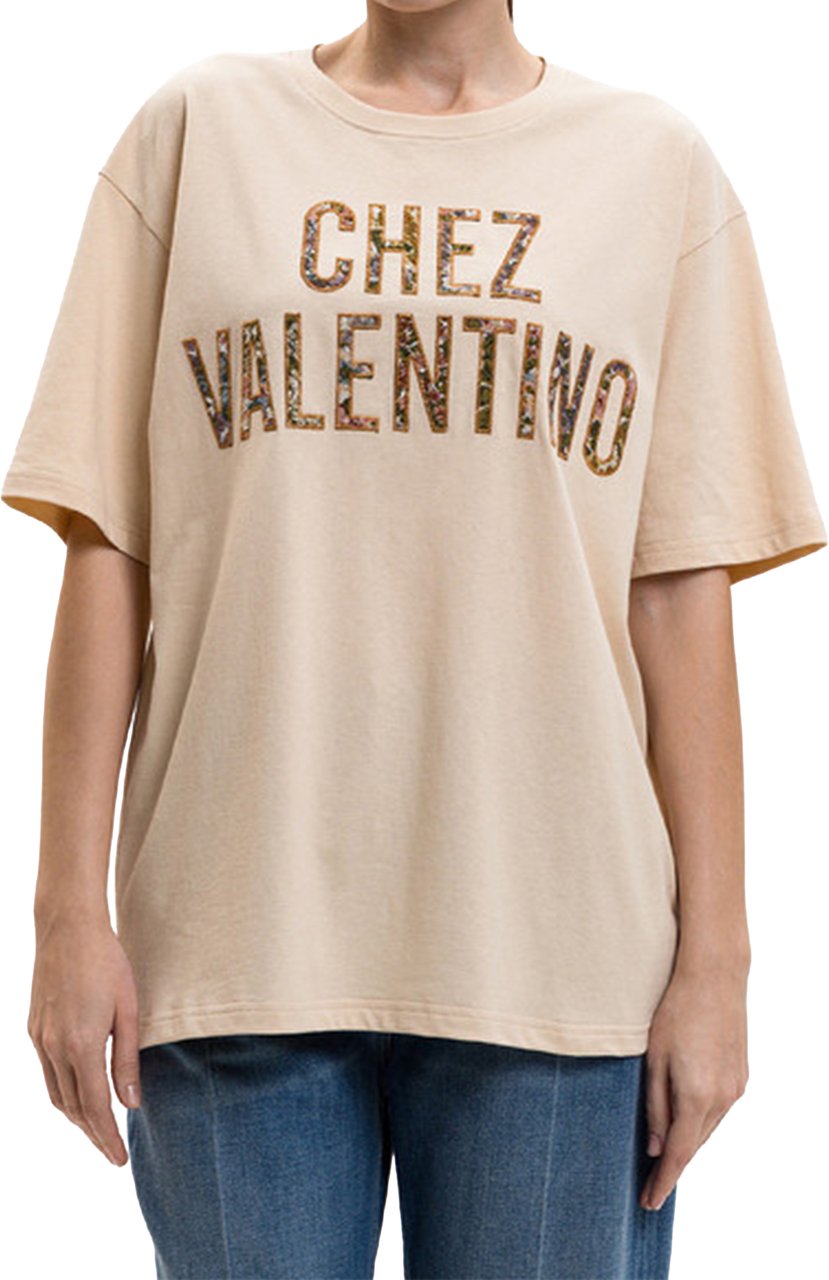 Valentino Neutral Relaxed-Fit Textured Lettering T-shirt Neutraal