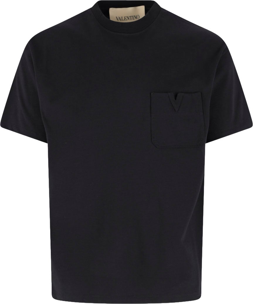 Valentino Black V Detail Minimalist Cotton T-shirt Zwart