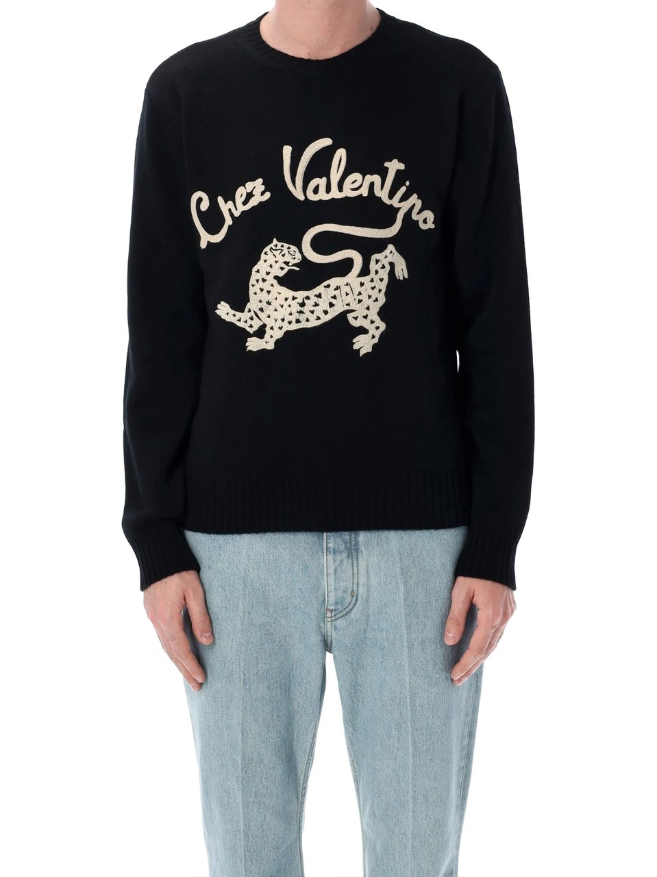 Valentino Cream Leopard Graphic Crewneck Sweater Zwart
