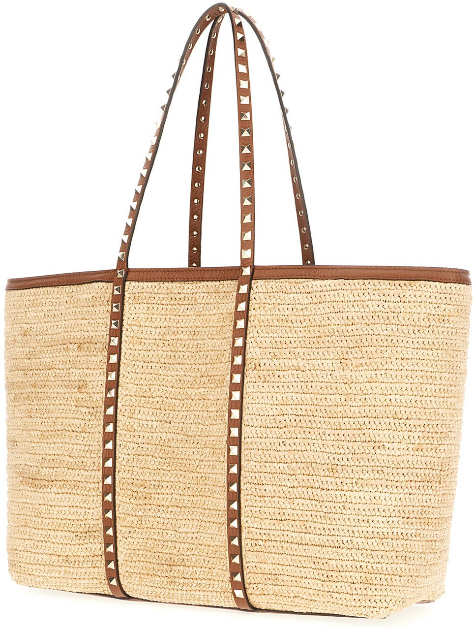 Valentino Valentino Garavani Raffia shopping medium Rockstud bag Neutraal