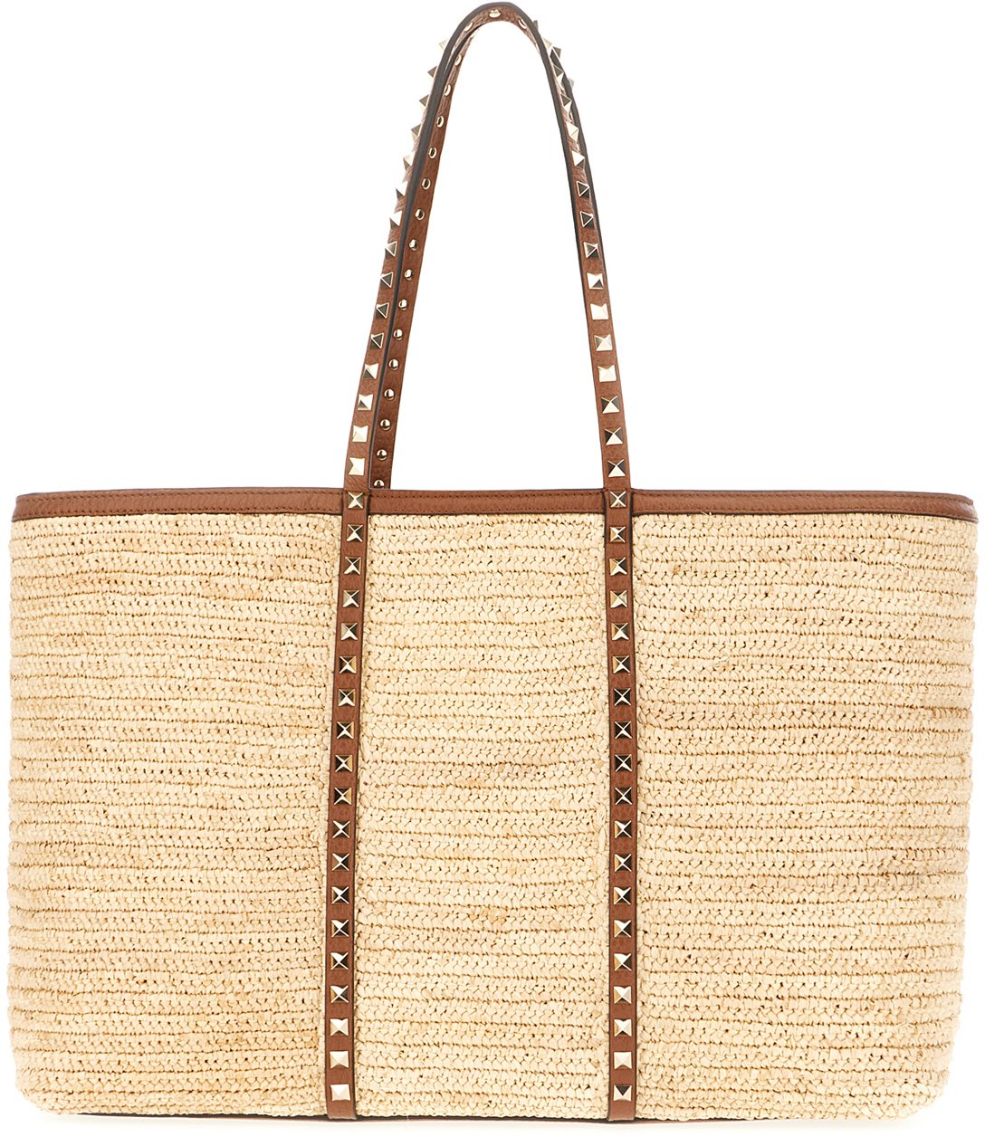 Valentino Valentino Garavani Raffia shopping medium Rockstud bag Neutraal