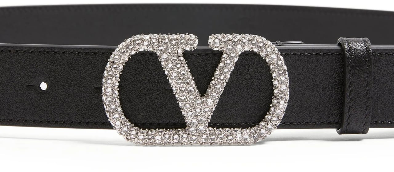 Valentino Black Vlogo Signature Crystal Buckle Belt Grijs