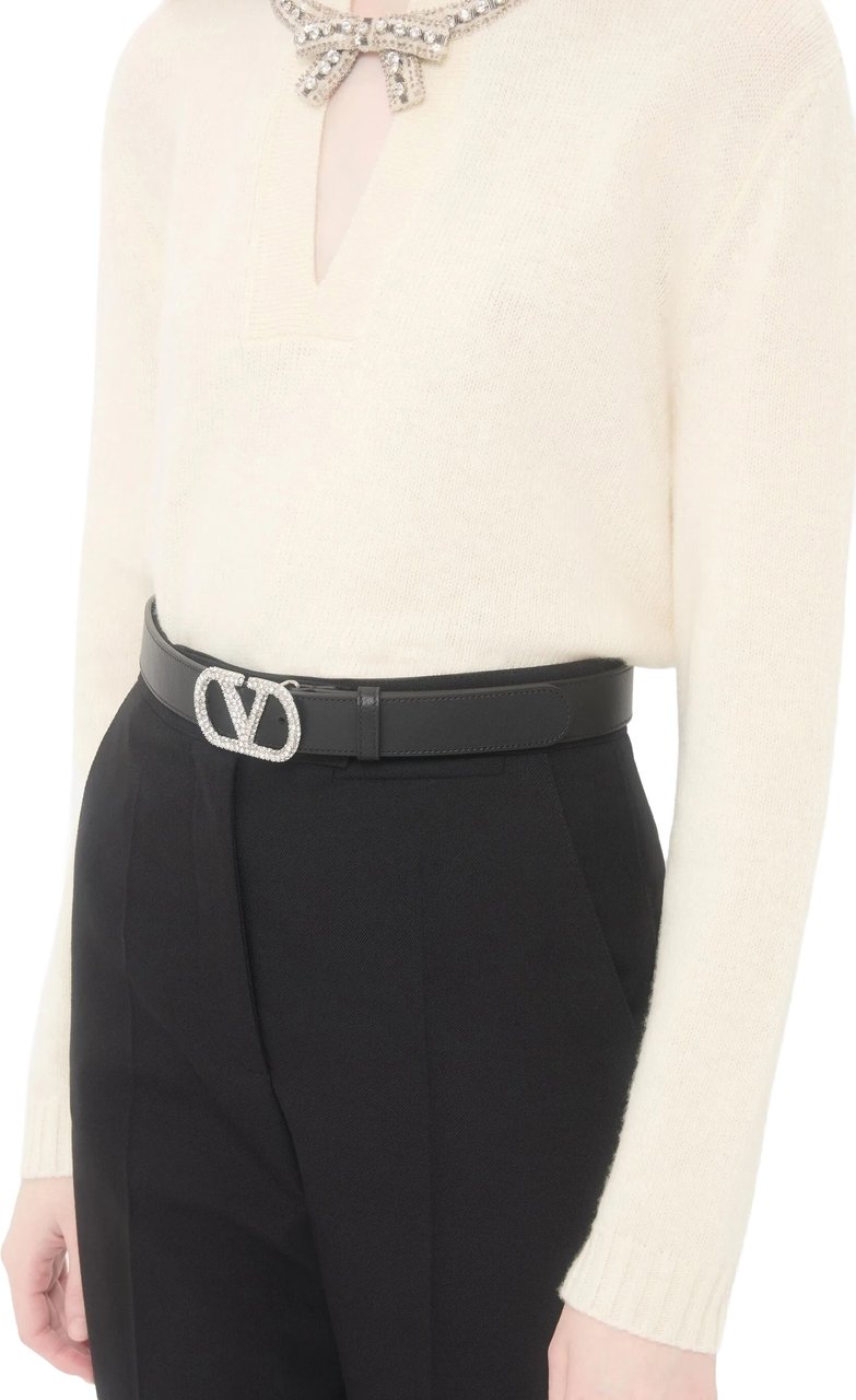 Valentino Black Vlogo Signature Crystal Buckle Belt Grijs