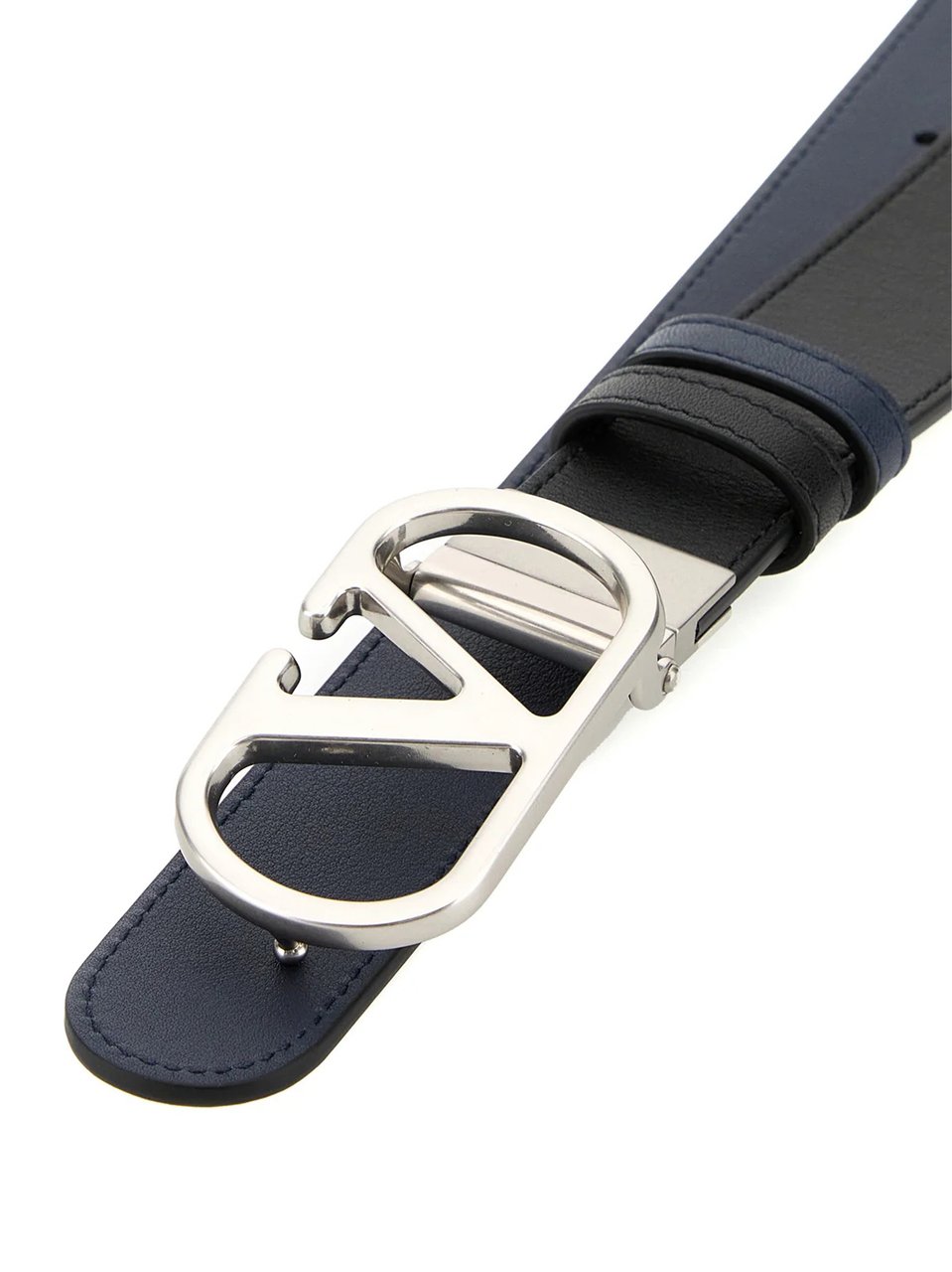 Valentino Black/Navy Reversible Leather V-Buckle Belt Zwart