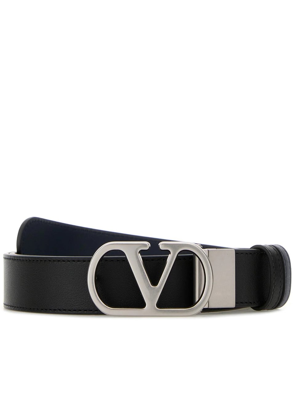 Valentino Black/Navy Reversible Leather V-Buckle Belt Zwart