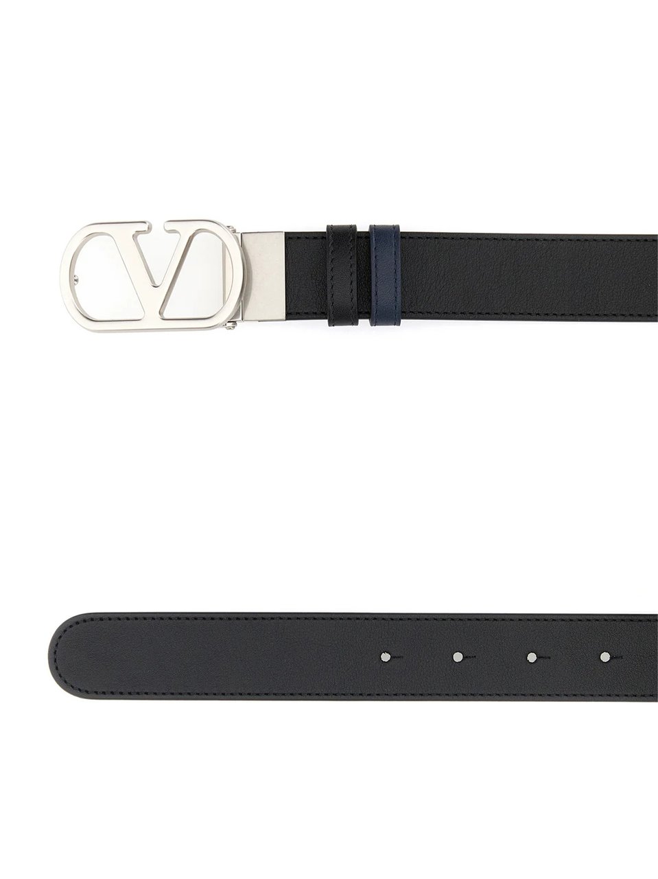 Valentino Black/Navy Reversible Leather V-Buckle Belt Zwart