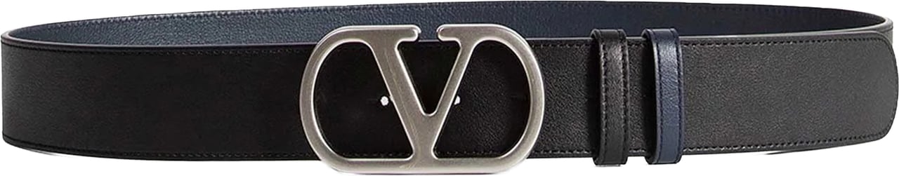 Valentino Black/Navy Reversible Silver-tone Logo Buckle Belt Zwart