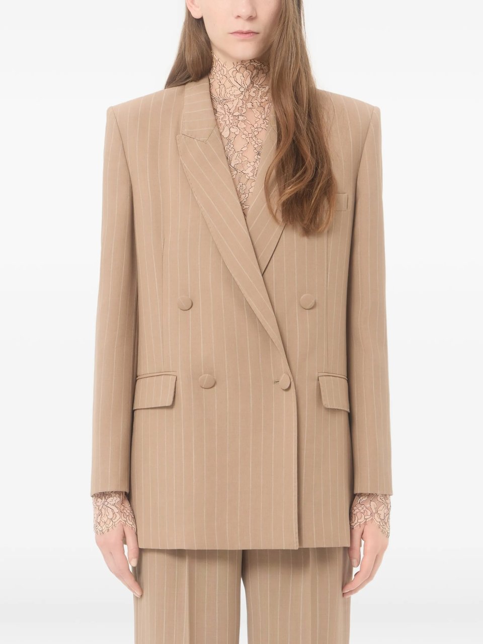 Valentino Double-Breasted Tailored Blazer with Pinstripes and Structured Shoulders Bruin