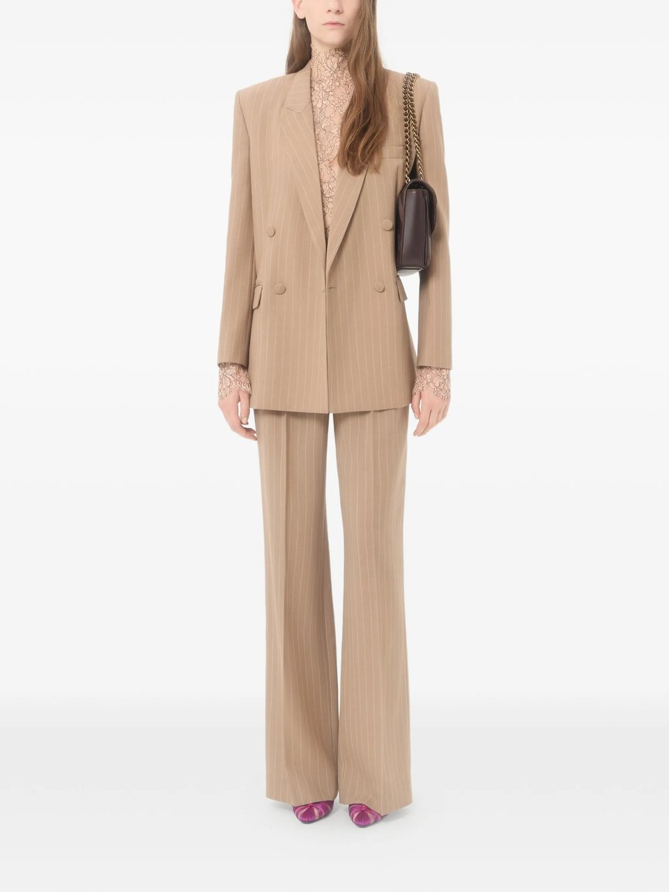 Valentino Double-Breasted Tailored Blazer with Pinstripes and Structured Shoulders Bruin