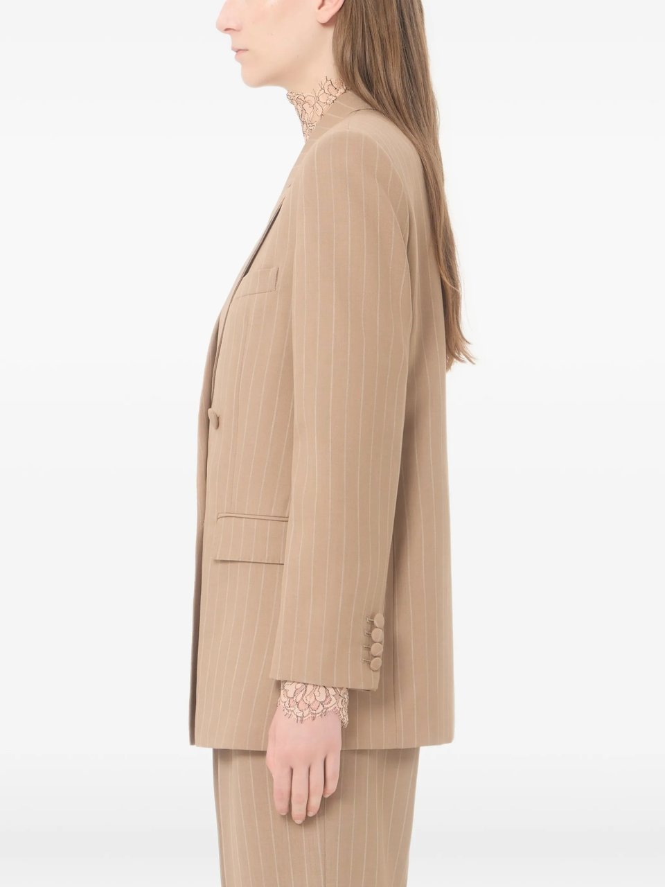 Valentino Double-Breasted Tailored Blazer with Pinstripes and Structured Shoulders Bruin