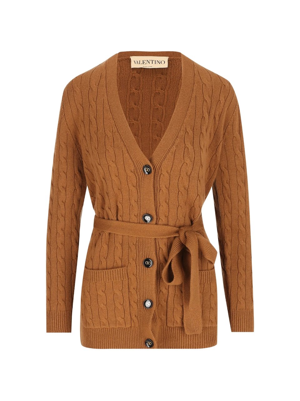 Valentino Classic Cable Knit Cardigan with Distinctive Buttons and Matching Belt Bruin