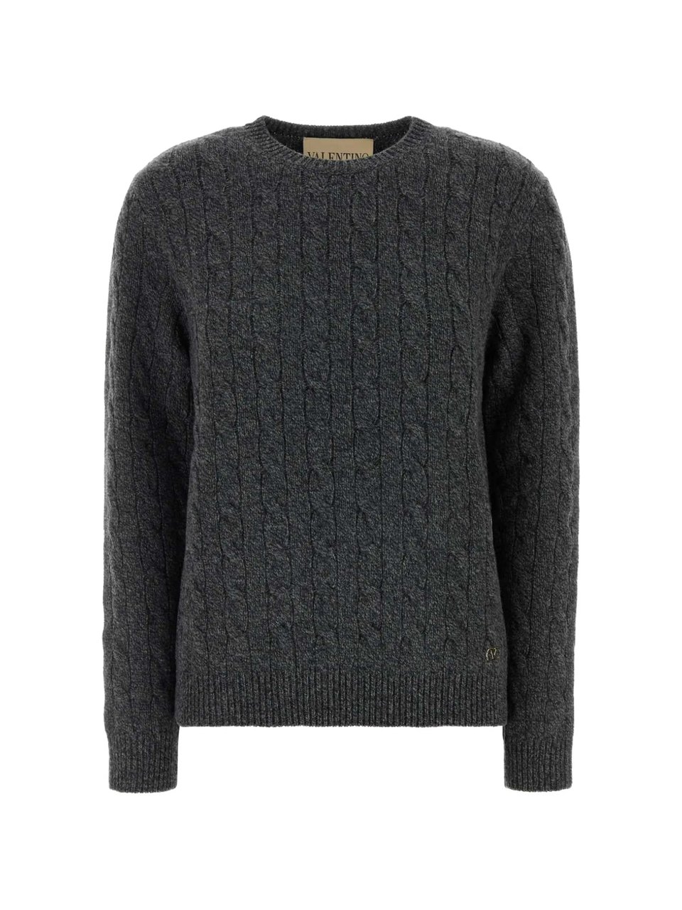 Valentino Cable Knit Wool Crew Sweater Grijs