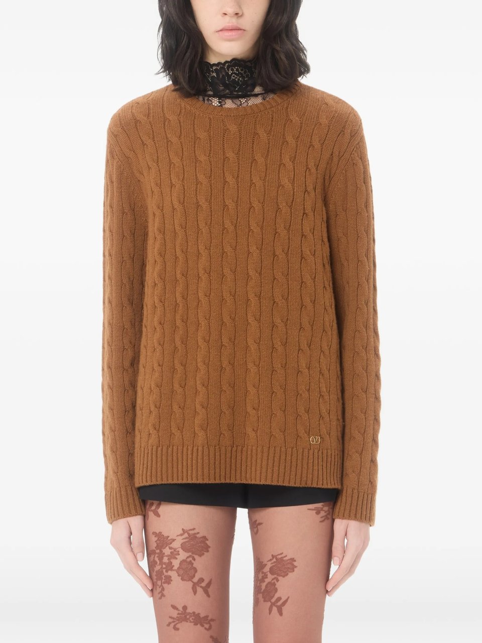Valentino Cable-Knit Cashmere Crewneck Sweater Bruin