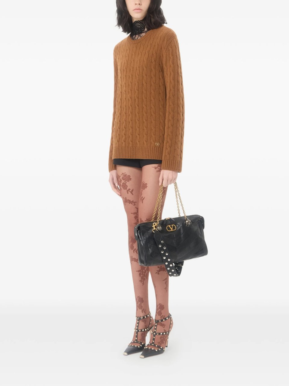 Valentino Cable-Knit Cashmere Crewneck Sweater Bruin
