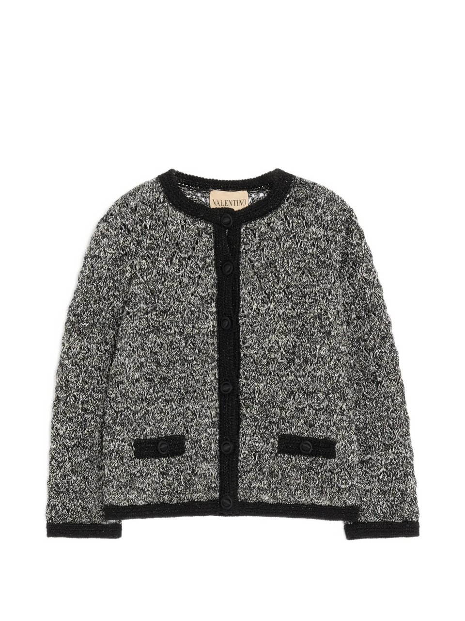Valentino Textured Knit Jacket with Marled Pattern and Black Trim Zwart