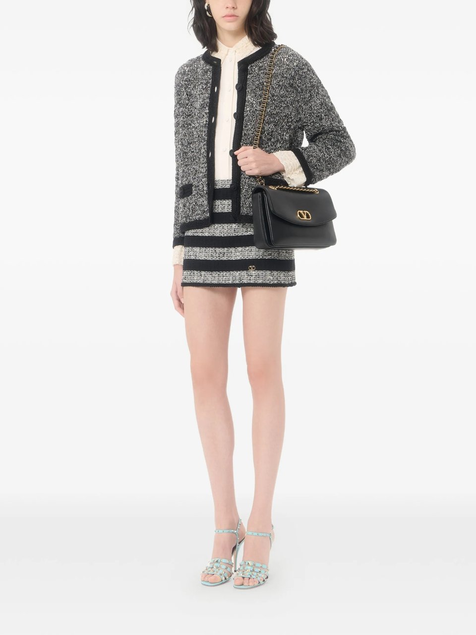 Valentino Textured Knit Jacket with Marled Pattern and Black Trim Zwart