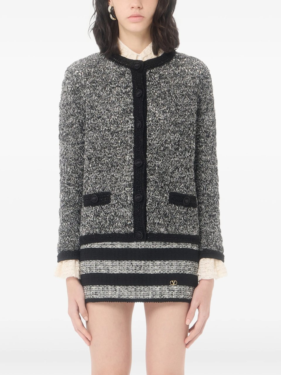 Valentino Textured Knit Jacket with Marled Pattern and Black Trim Zwart