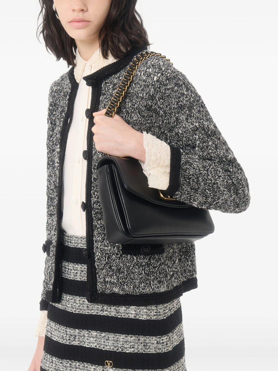 Valentino Textured Knit Jacket with Marled Pattern and Black Trim Zwart