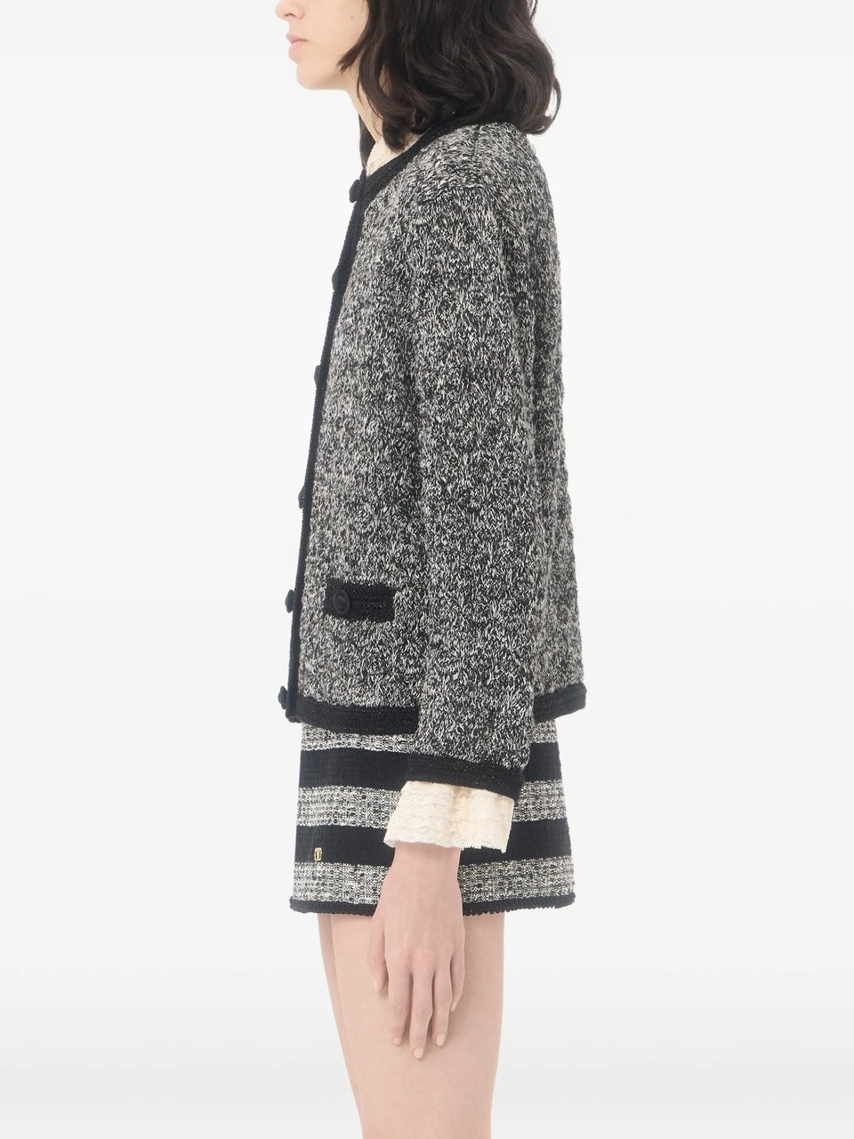Valentino Textured Knit Jacket with Marled Pattern and Black Trim Zwart