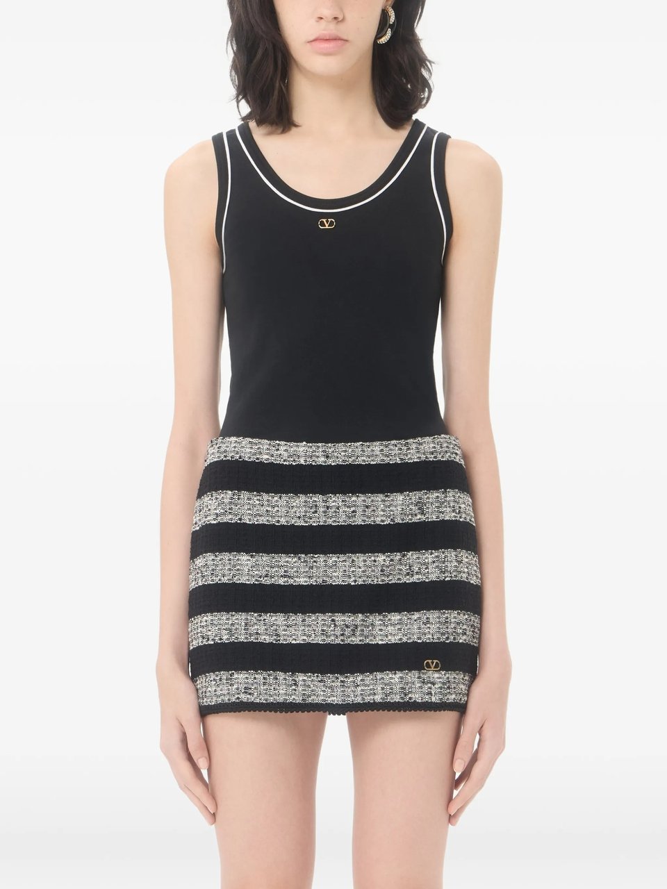 Valentino Jersey Top Sleeveless White Piping Tank Zwart