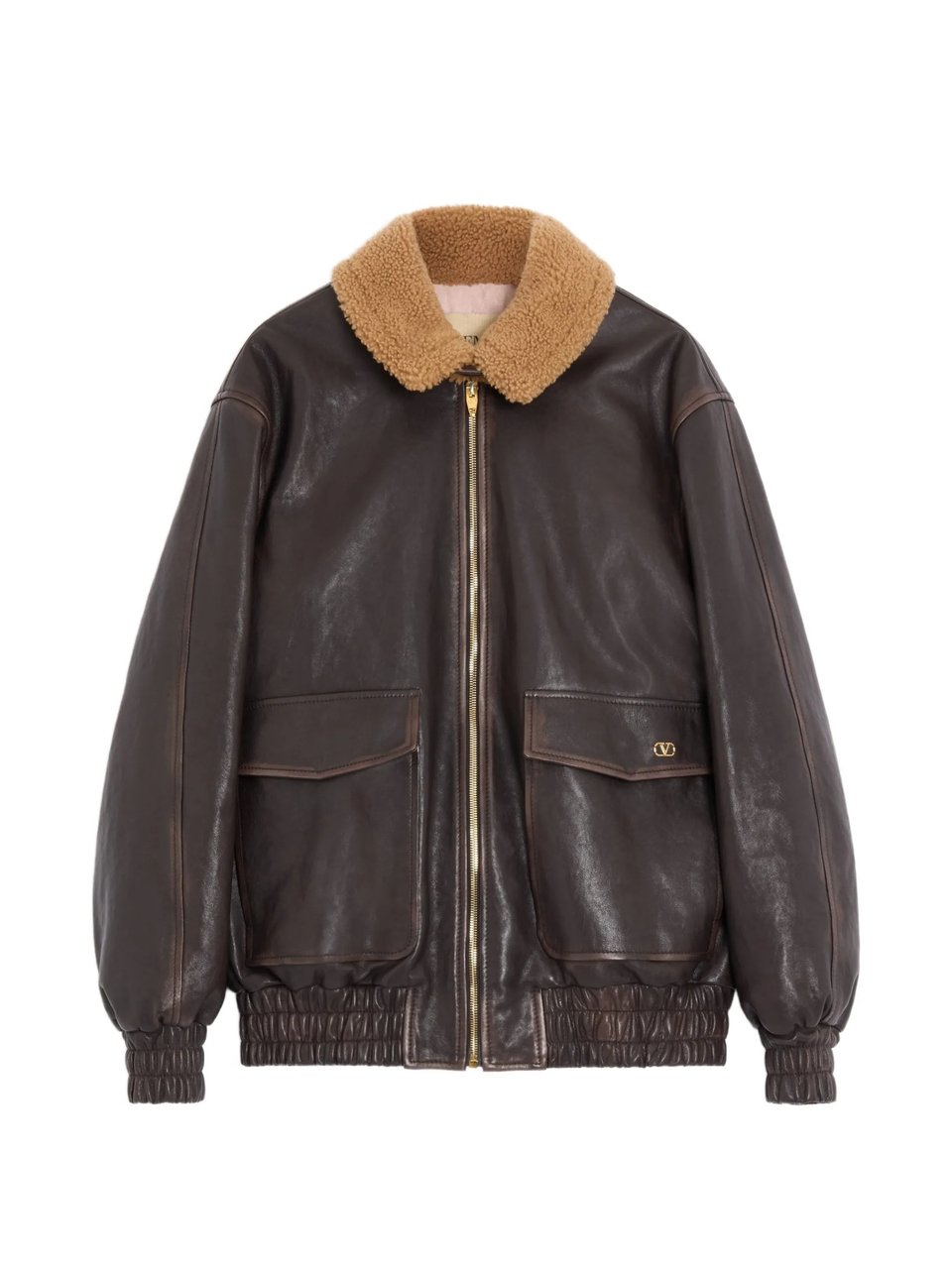 Valentino Brown Shearling Collar Leather Jacket Zwart