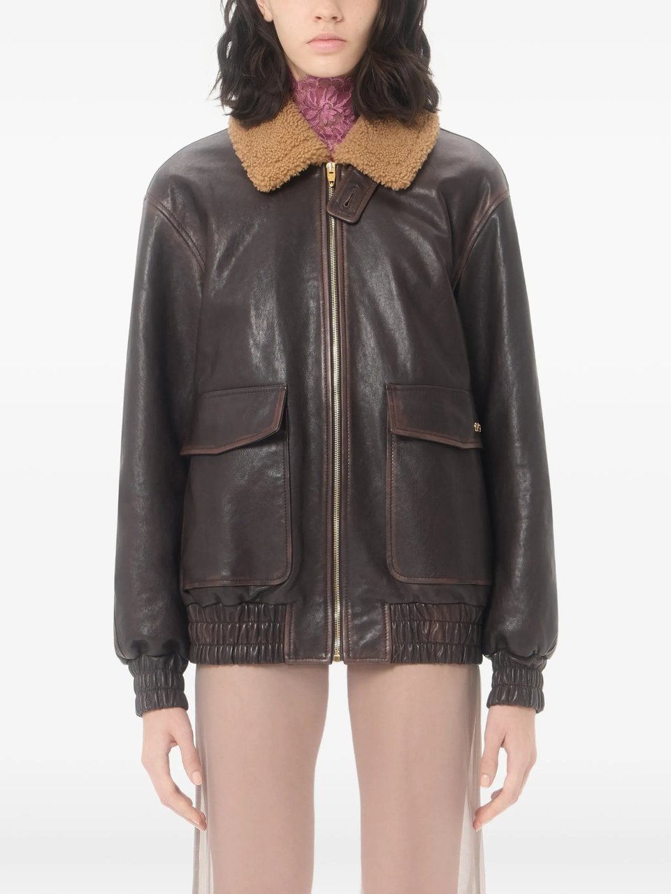 Valentino Brown Shearling Collar Leather Jacket Zwart