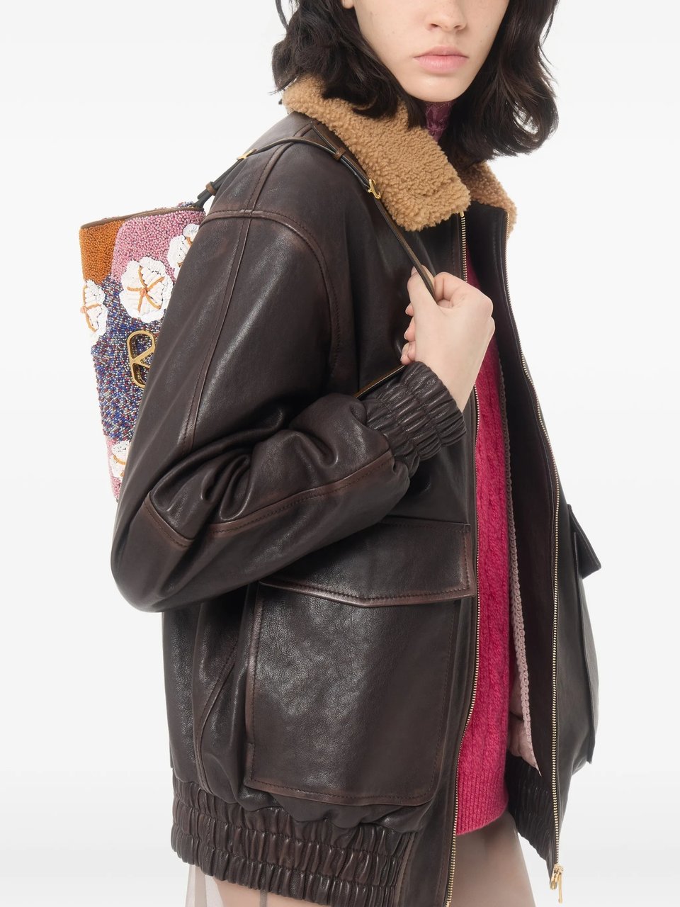 Valentino Brown Shearling Collar Leather Jacket Zwart