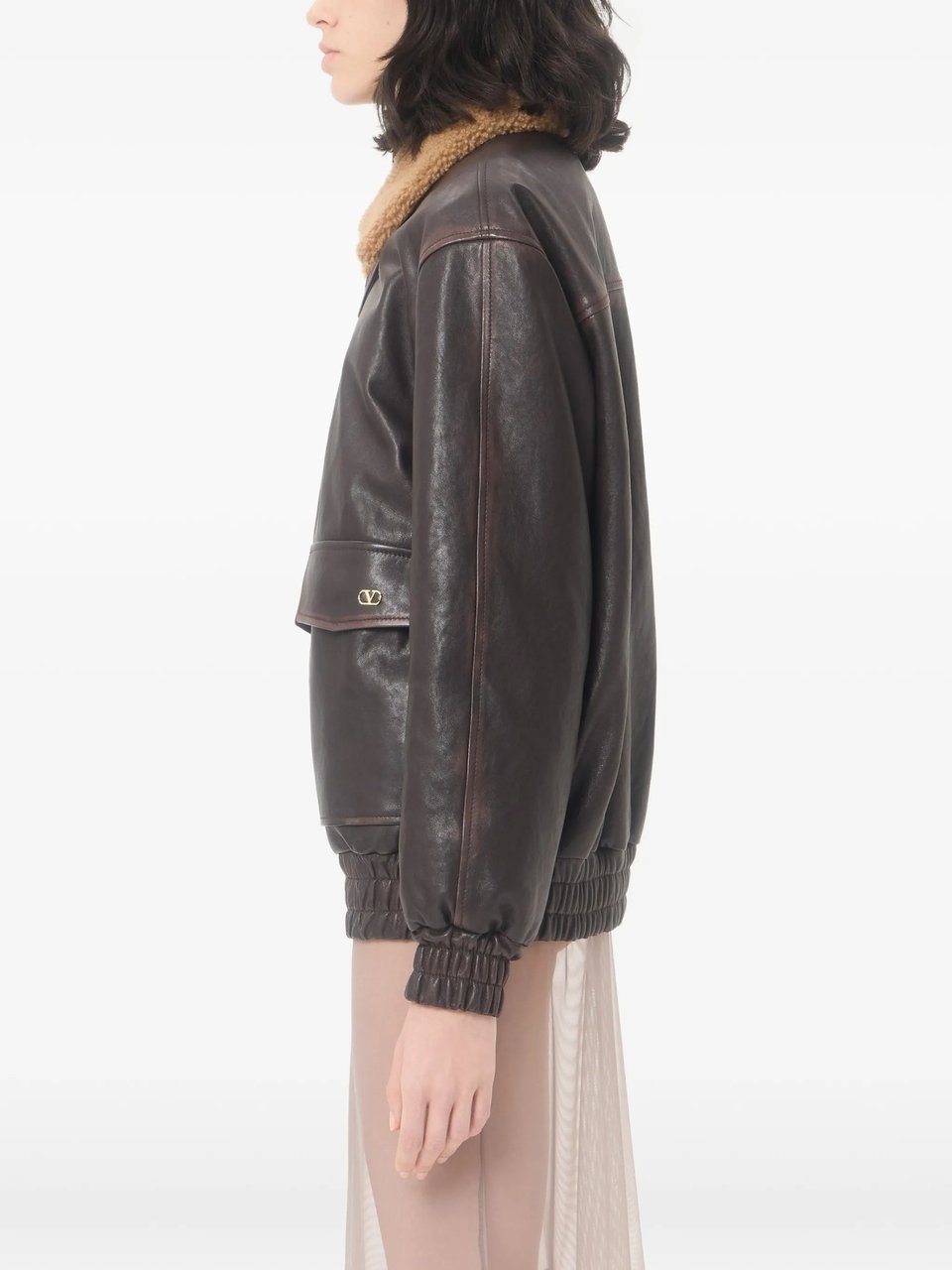 Valentino Brown Shearling Collar Leather Jacket Zwart