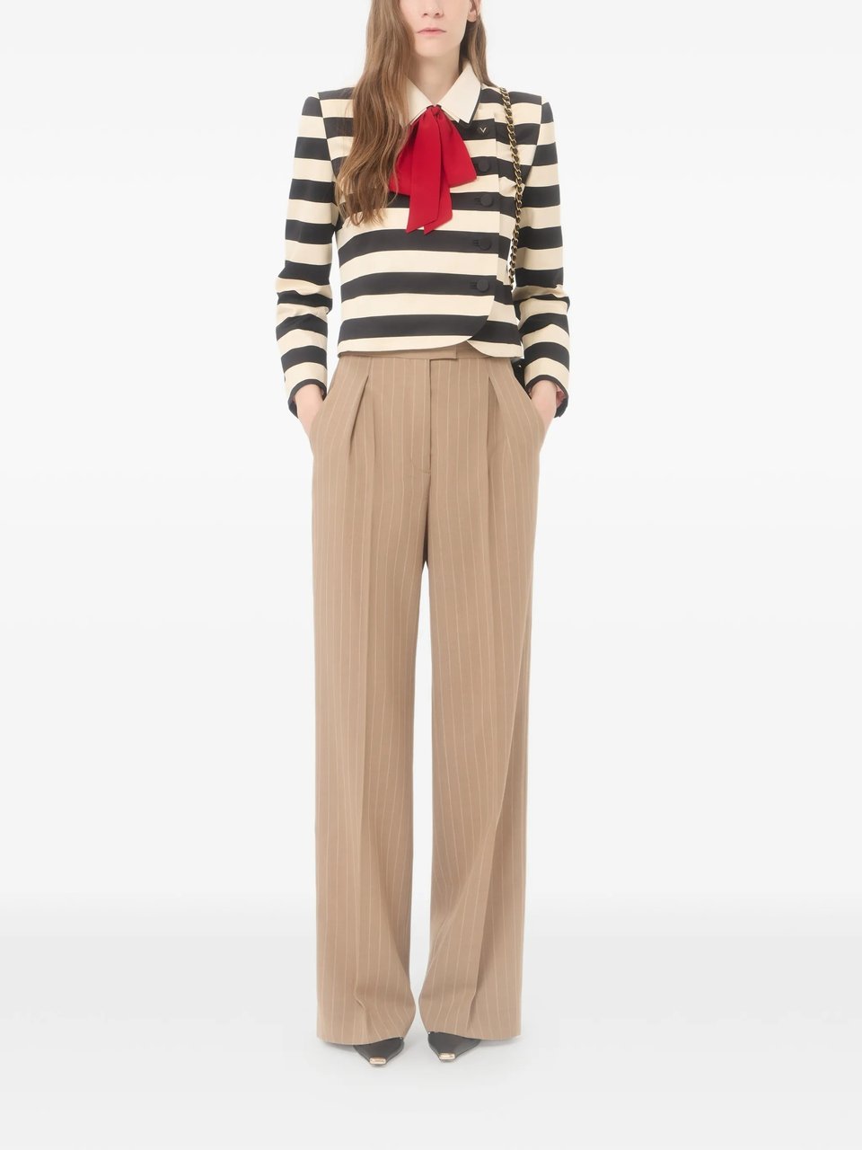 Valentino Warm Beige Wide-Leg Pinstripe Trousers Neutraal