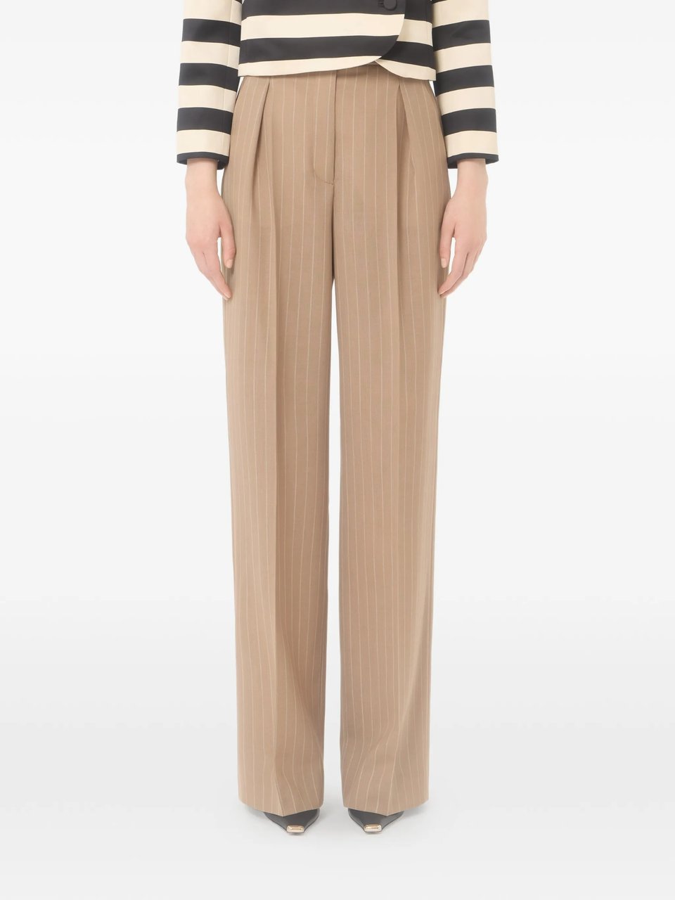 Valentino Warm Beige Wide-Leg Pinstripe Trousers Neutraal