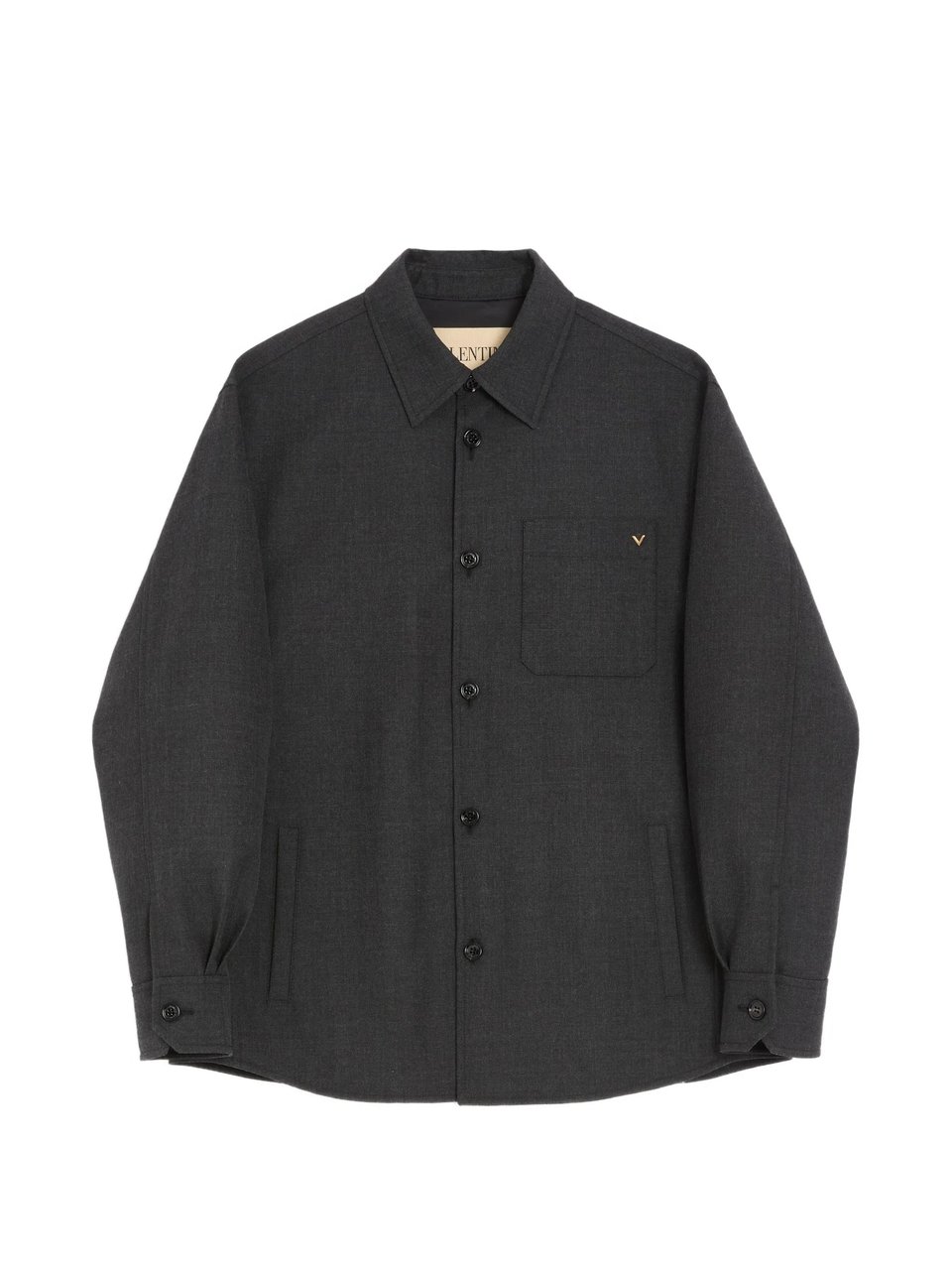 Valentino Boxy Grey Wool Jacket with Classic Collar and Metallic Detail Zwart