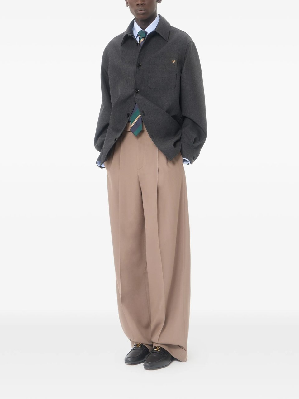 Valentino Boxy Grey Wool Jacket with Classic Collar and Metallic Detail Zwart